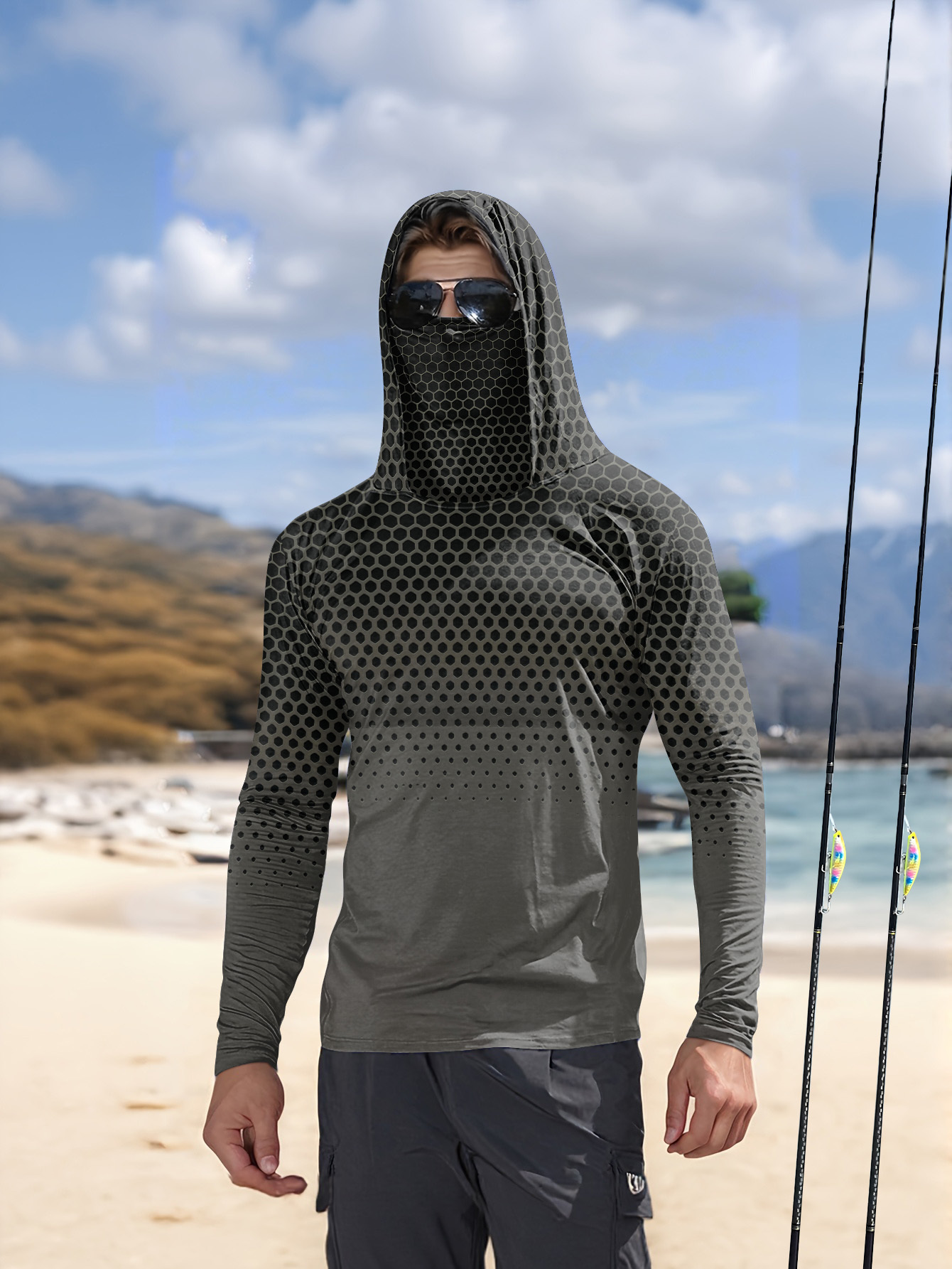 Fishing Hoodie - เสื้อฮู้ดตกปลาผู้ชายสีเทาไล่เฉดลายรังผึ้ง พร้อมผ้าคลุมหน้าในตัว ป้องกันแสงแดด UPF50+ แห้งเร็ว แขนยาว
